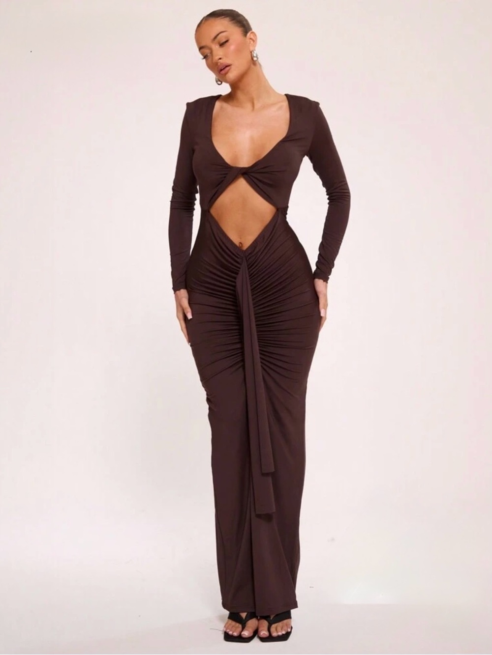 Long Sleeve Brown Cutout Maxi Dress with Front Tie